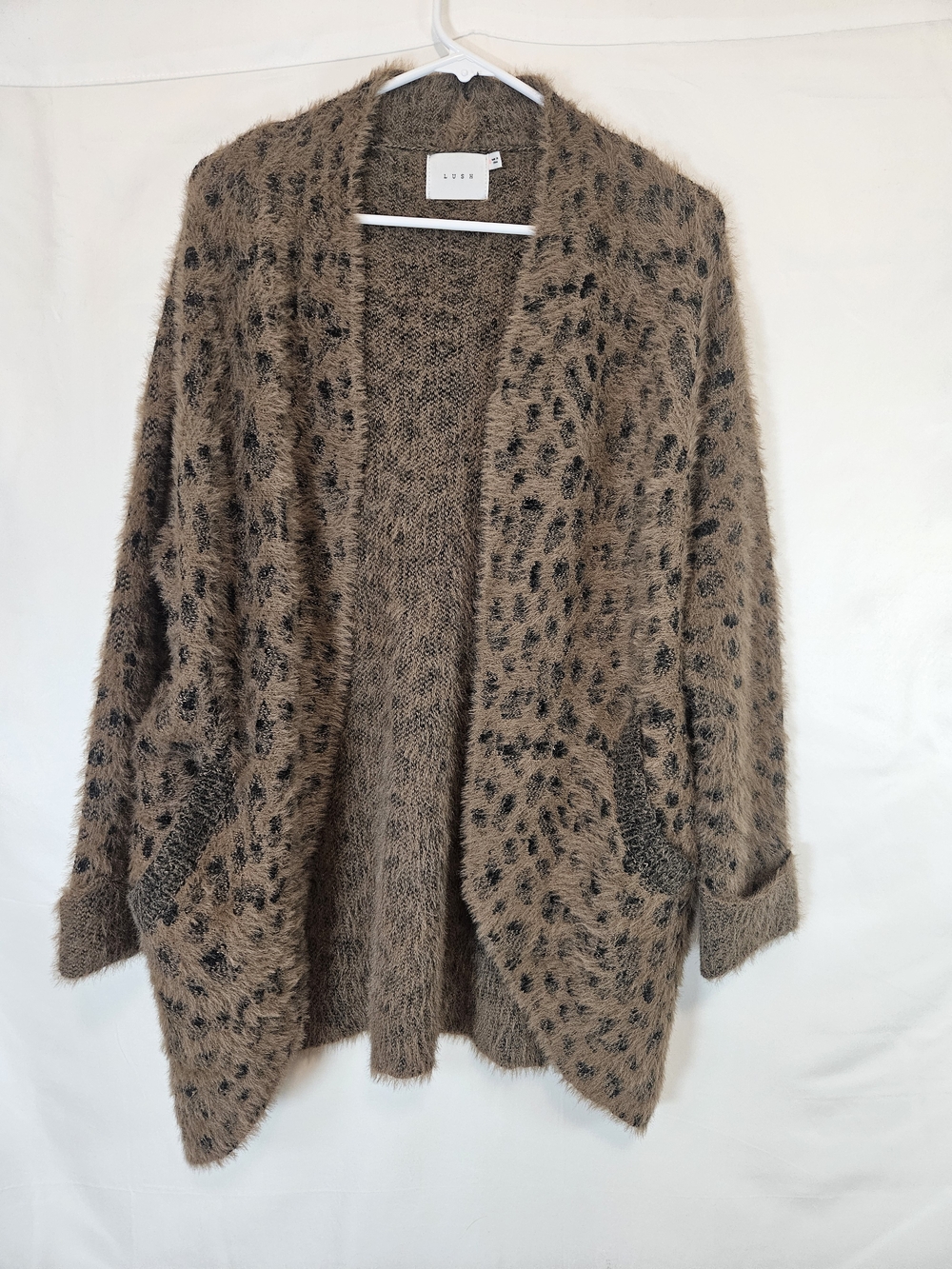 Lush Tan and Black Fuzzy Leopard-Print Open Cardigan